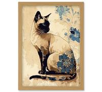 Artery8 Siamese Cat with Blue Flowers Watercolour and Ink Modern Illustration Artwork Framed Wall Art Print A4