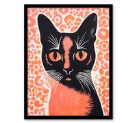 Siamese Cat With Flowers Risograph Coral Pink And Black Screenprint Floral Artwork Riso Interior Design Art Print Framed Poster Wall Decor Artery8 Black A4