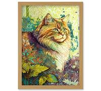 Siberian Cat in Nature Vibrant Colourful Modern Portrait Illustration Artwork Framed Wall Art Print A4 Artery8 Light Oak One Size