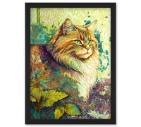 Artery8 Siberian Cat in Nature Vibrant Colourful Modern Portrait Illustration Artwork Framed Wall Art Print A4