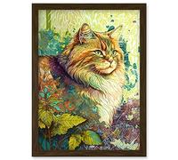Siberian Cat in Nature Vibrant Colourful Modern Portrait Illustration Artwork Framed Wall Art Print A4 Artery8 Brown One Size