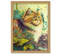 Artery8 Siberian Cat in Nature Vibrant Colourful Modern Portrait Illustration Artwork Framed Wall Art Print A4