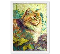 Artery8 Siberian Cat in Nature Vibrant Colourful Modern Portrait Illustration Artwork Framed Wall Art Print A4