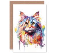 Artery8 Siberian Cat Lover Gift Pet Portrait Pastel Colour Rainbow Artwork Painting Sealed Greeting Card Plus Envelope Blank inside