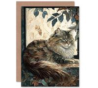 Artery8 Siberian Cat Perched on Window Sill in Autumn Modern Illustration Art Birthday Sealed Greeting Card Plus Envelope Blank inside