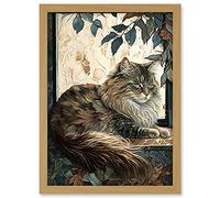 Artery8 Siberian Cat Perched on Window Sill in Autumn Modern Illustration Artwork Framed A3 Wall Art Print
