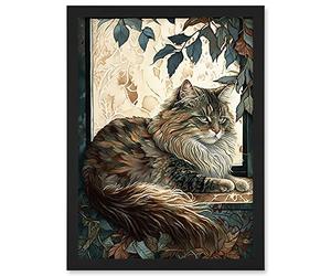 Artery8 Siberian Cat Perched on Window Sill in Autumn Modern Illustration Artwork Framed A3 Wall Art Print