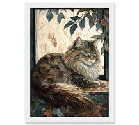 Artery8 Siberian Cat Perched on Window Sill in Autumn Modern Illustration Artwork Framed Wall Art Print A4