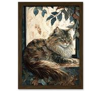 Artery8 Siberian Cat Perched on Window Sill in Autumn Modern Illustration Artwork Framed Wall Art Print A4