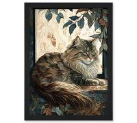 Artery8 Siberian Cat Perched on Window Sill in Autumn Modern Illustration Artwork Framed Wall Art Print A4