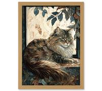 Artery8 Siberian Cat Perched on Window Sill in Autumn Modern Illustration Artwork Framed Wall Art Print A4