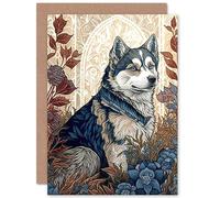 Artery8 Siberian Husky Dog in Autumn Flower Field Modern Art Nouveau Illustration Art Birthday Sealed Greeting Card Plus Envelope Blank inside