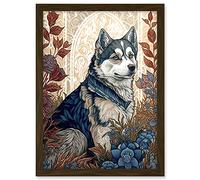 Artery8 Siberian Husky Dog in Autumn Flower Field Modern Art Nouveau Illustration Artwork Framed A3 Wall Art Print