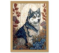 Artery8 Siberian Husky Dog in Autumn Flower Field Modern Art Nouveau Illustration Artwork Framed A3 Wall Art Print
