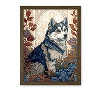 Artery8 Siberian Husky Dog in Autumn Flower Field Modern Art Nouveau Illustration Artwork Framed Wall Art Print 18X24 Inch