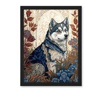 Artery8 Siberian Husky Dog in Autumn Flower Field Modern Art Nouveau Illustration Artwork Framed Wall Art Print 18X24 Inch