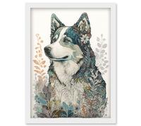 Artery8 Siberian Husky Dog Nature Spirit Animal Modern Multicoloured Illustration Artwork Framed Wall Art Print A4 in White Artery8 White