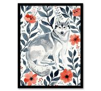 Artery8 Siberian Husky in Poppy Flower Pattern Dog Lover Framed Wall Art in Blue | Size: A4 Artery8 Blue A4