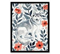 Artery8 Siberian Husky In Poppy Flower Pattern Dog Lover Wall Art Print - A4 Size