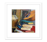 Artery8 Sicurezza Still Life With Books Mandolin Painting 8X8 Inch Square Wooden Framed Wall Art Print Picture with Mount in White Artery8 White