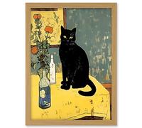 Artery8 Simple Black Cat on Yellow Table Oil Painting Van Gogh Style Flowers Artwork Framed A3 Wall Art Print