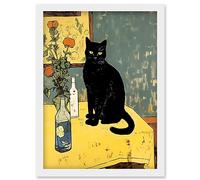 Artery8 Simple Black Cat on Yellow Table Oil Painting Van Gogh Style Flowers Artwork Framed Wall Art Print A4