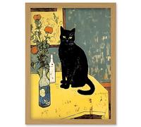 Artery8 Simple Black Cat on Yellow Table Oil Painting Van Gogh Style Flowers Artwork Framed Wall Art Print A4