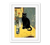 Artery8 Simple Black Cat on Yellow Table Oil Painting Van Gogh Style Flowers Artwork Framed Wall Art Print 18X24 Inch