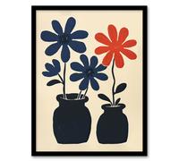 Artery8 Simple Blue Red Daisy Flowers in Pots Folk Art Living Room Artwork Framed Wall Art Print A4