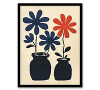 Artery8 Simple Blue Red Daisy Flowers in Pots Folk Art Living Room Artwork Framed Wall Art Print A4