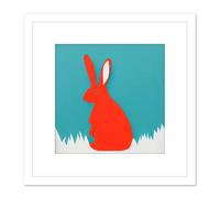 Artery8 Simple Coral Red Bunny Rabbit On Teal Square Wooden Framed Wall Art Print Picture 8X8 Inch in White Artery8 White