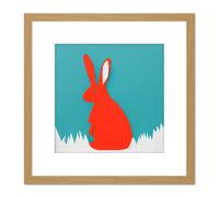 Artery8 Simple Coral Red Bunny Rabbit On Teal Square Wooden Framed Wall Art Print Picture 8X8 Inch in Light Oak Artery8 Light Oak