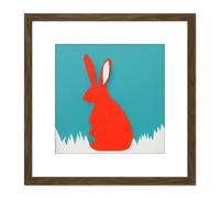 Artery8 Simple Coral Red Bunny Rabbit On Teal Square Wooden Framed Wall Art Print Picture 8X8 Inch in Brown Artery8 Brown
