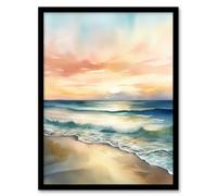 Artery8 Wall Art Print Simple Serene Seashore Sunset Scarlet Sky Sublime Scenic Seascape Art Framed in Blue | Size: A4 Artery8 Blue A4