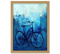 Artery8 Single Blue Bicycle Modern Artwork Framed Wall Art Print A4 in Light Oak Artery8 Light Oak