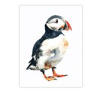 Artery8 Single Cute Puffin Bird Watercolour Portrait Wall Art Print in White | Size: W12" x H16" Artery8 White W12" x H16"