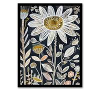 Artery8 Single Daisy Flower Artwork Dark Floral Folk Art Living Room Artwork Framed Wall Art Print A4