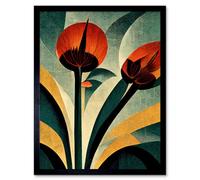 Artery8 Single Flower Decor Painting Coral Navy Green Beige Framed Wall Art Print