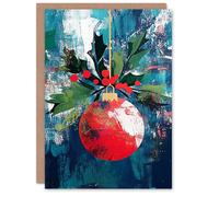 Artery8 Single Hanging Red Bauble Ornament Holly Painting Blank For Him Or Her Art Christmas Card