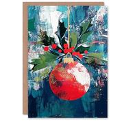 Artery8 Single Hanging Red Bauble Ornament Holly Painting Blank For Him Or Her Art Christmas Card