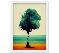 Artery8 Single Lone Abstract Tree Colourful Bold Rainbow Striped Landscape Watercolour Illustration Artwork Framed Wall Art Print A4 in White Artery8 White