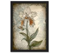 Artery8 Single Orchid Flower Pastel Colour Art Nouveau Artwork Framed Wall Art Print A4