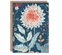 Artery8 Greeting Card Single Red Dahlia Flower Blue Botanical Artwork For Her Woman Birthday Card