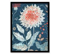 Artery8 Single Red Dahlia Flower Blue Botanical Artwork Living Room Artwork Framed Wall Art Print A4