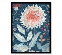 Artery8 Single Red Dahlia Flower Blue Botanical Artwork Living Room Artwork Framed Wall Art Print A4