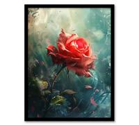 Artery8 Single Red Rose Flower Morning Mist Painting Wall Art Print - A4 Size