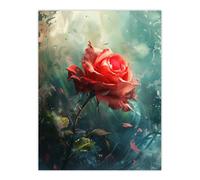 Artery8 Single Red Rose Flower Morning Mist Painting Wall Art Print in Blue | Size: W12" x H16" Artery8 Blue W12" x H16"