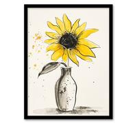 Artery8 Single Sunflower in Vase Yellow Grey Watercolour Framed Art Print | Size: A4 Artery8 Yellow A4