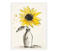 Single Sunflower in Vase Yellow Grey Watercolour Wall Art Print Artery8 Yellow W18 inch x H24 inch