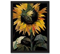 Artery8 Single Sunflower Yellow Black Green Floral Artwork Framed Wall Art Print A4 Artery8 Black